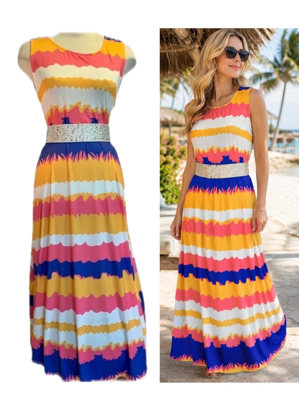 𝅺MULTICOLOURED yellow pink striped maxi dress Sz XL